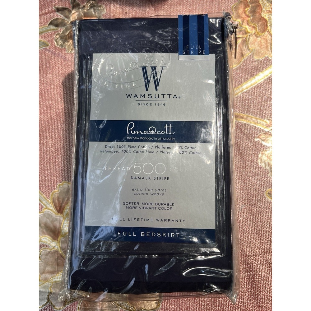 Wamsutta Pima Cotton Stripe Navy  Damask Stripe Full Bed Skirt 500 Thread Count